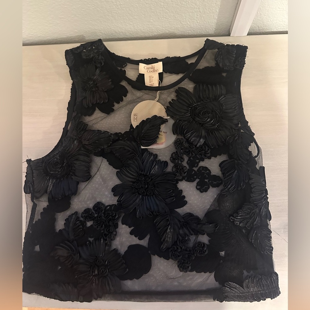 Camila Coelho Sheer Black Floral Top